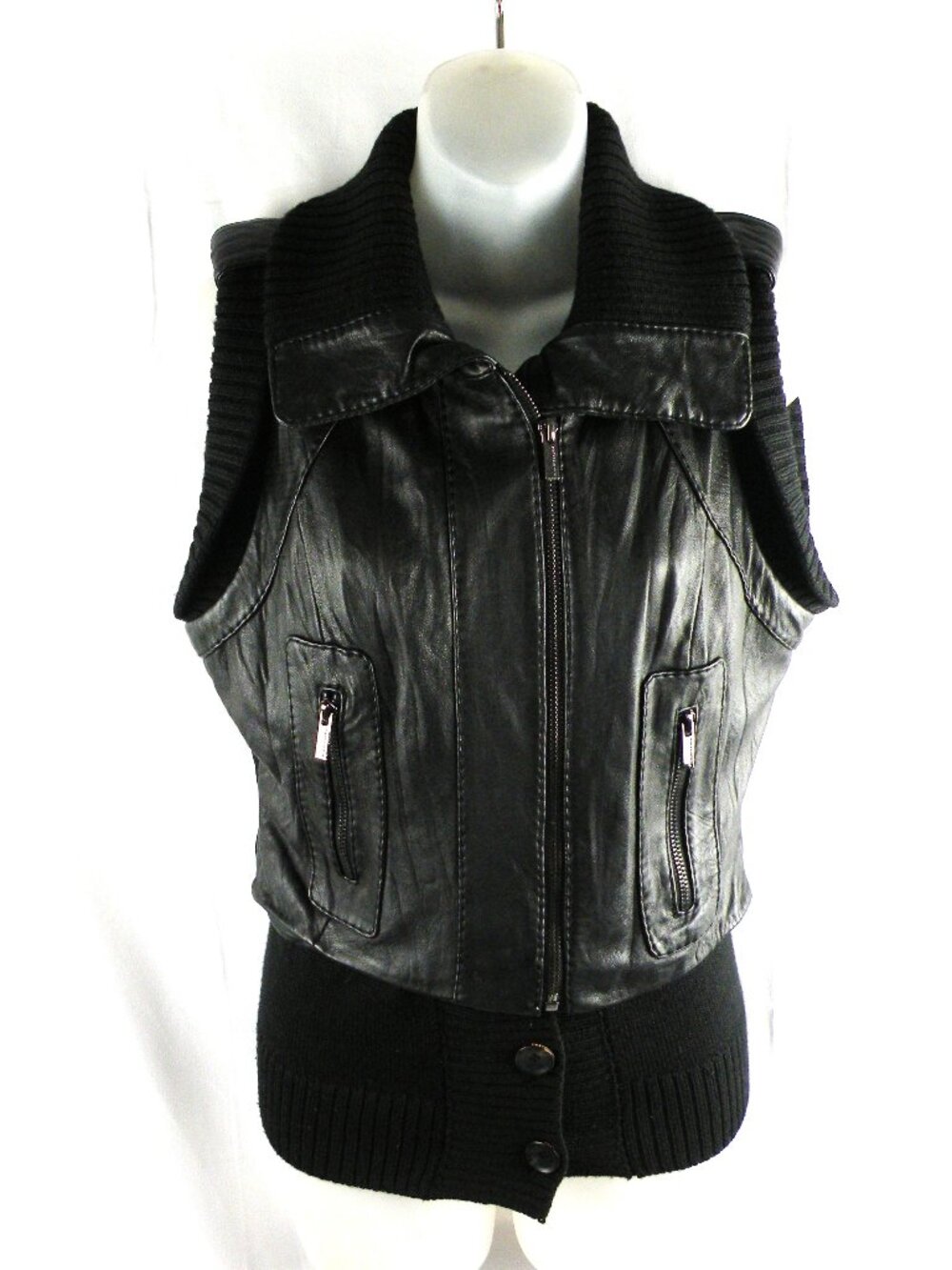 BCBG Black Leather Vest w/ Sweater Detail X-Small